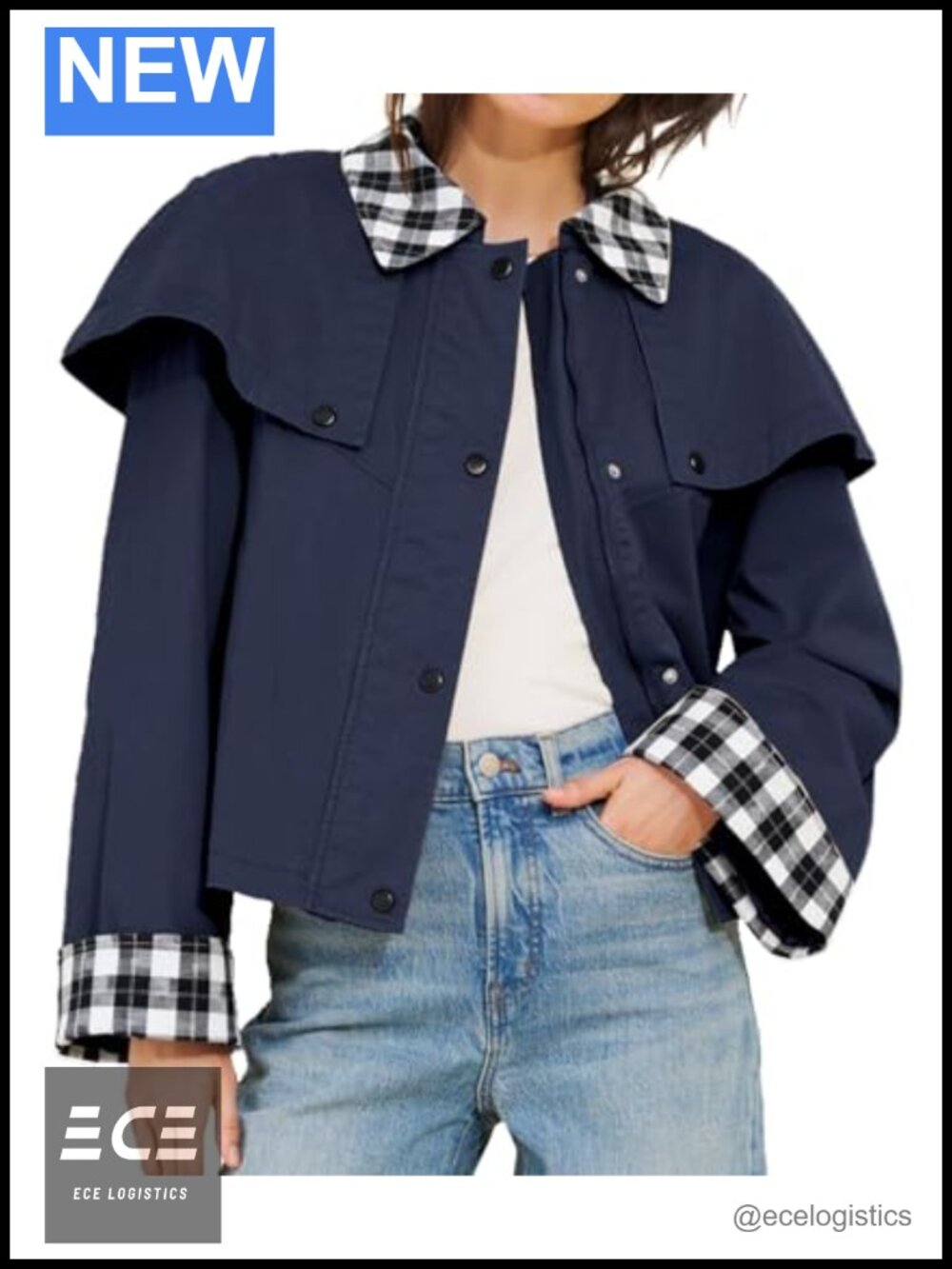 Womens Cropped Trench Coat Lightweight Gingham Cape Jacket